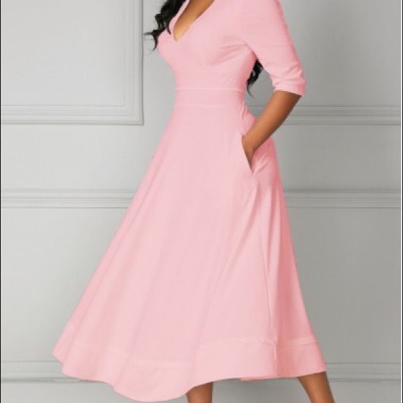 Dresses & Skirts - ❗️SALE $25❗️Solid Pink V Neck high waist dress